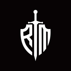 RM logo with shield shape and sword design template