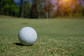 Golf ball on green grass in beautiful golf course