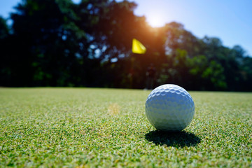 Golf ball on green grass in beautiful golf course