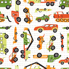 Vector Seamless Pattern with Doodle Toy Racing Cars, Heavy Construction Trucks. Cartoon Transportation Background for Kids