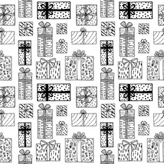 Fototapeta premium seamless pattern with image of gifts. Topics: New Year, Christmas, Valentine's Day, Birthday, Anniversary, Wedding. Hand-drawn in trendy Scandinavian style