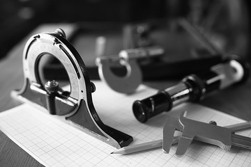 drawing tools, concept engineering project vintage / compass pencil paper education drafting