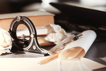 drawing tools, concept engineering project vintage / compass pencil paper education drafting