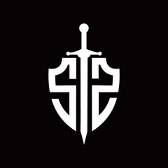 SZ logo with shield shape and sword design template