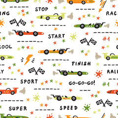 Toy Racing Cars Vector Seamless Pattern avec Doodle Sport Car. Fond de transport de dessin animé pour les enfants