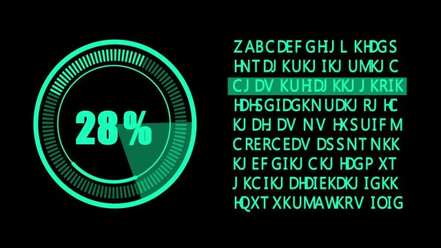 Green 2D digital HUD graphic progress display and random text highlighting on black screen - futuristic technology background concept