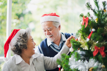 Senior Asian couple family celebration in Christmas day, Retired man and woman decorate the Christmas tree which smiling and felling happy in living room at home in. Merry Xmas and happy new year.