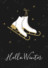 Christmas card with retro ice skates. Gold glitter texture. Hello winter.