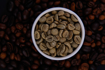 White and brown coffee beans.