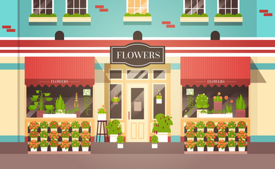 Fototapeta premium florist shop facade decorated with flowers street store exterior flat horizontal vector illustration