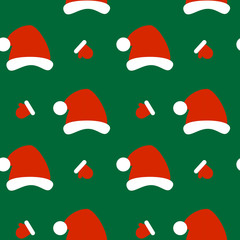 This is seamless pattern texture of Santa’s Claus hat and gloves on green background. Cartoon vector illustration. Wrapping paper.
