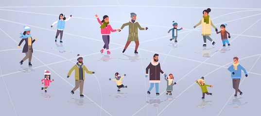 mix race people at ice-skating outdoor rink winter sport activity merry christmas new year holidays concept full length flat horizontal vector illustration