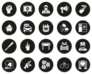 Violent Protest Or Demonstration Icons White On Black Circle Set Big