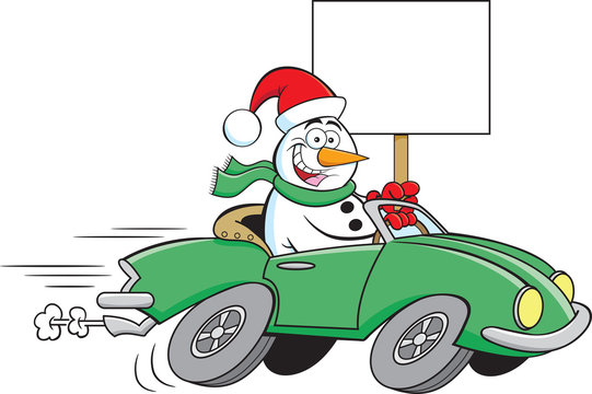Cartoon illustration of a happy snowman driving a sports car while holding a sign.