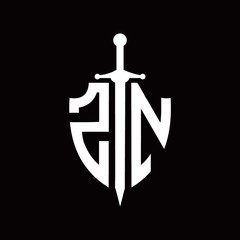 ZN logo with shield shape and sword design template