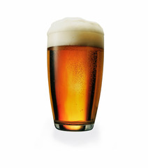 Glass of beer with froth isolated on white background