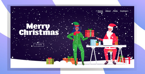 santa claus using laptop african american female elf helper holding present gift box christmas new year holidays celebration concept snowfall background greeting card horizontal full length vector