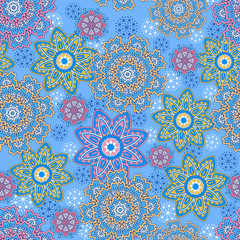 Seamless ornamental oriental pattern. Repeating geometric tiles with mandala. Vector laced decorative background with floral and geometric ornament. Indian or Arabic motive. Boho festival style