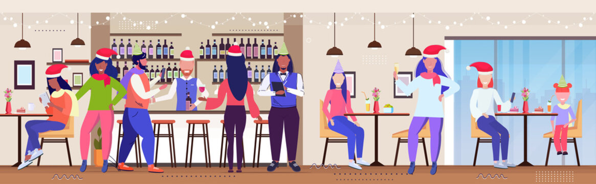 people celebrating christmas party mix race cafe visitors in santa hats having fun xmas new year winter holidays concept modern restaurant interior full length horizontal vector illustration