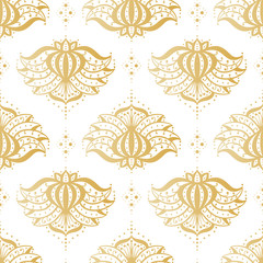 Ethnic Oriental Mehndi Lotus Flower Symbol Seamless Pattern. Golden Ornamental Floral Pattern Vector Background