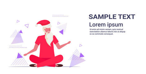 santa claus sitting lotus pose doing stretching exercises bearded man practicing yoga training workout concept christmas new year holidays celebration full length horizontal copy space vector