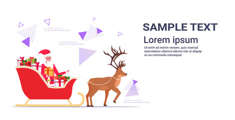 santa claus riding in sledge with reindeer merry christmas happy new year winter holidays celebration concept greeting card horizontal full length copy space vector illustration