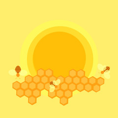vector of honey, hive, bees and sun. Cartoon illustration on yellow background.