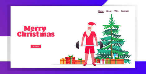 santa claus lifting barbell bearded man training workout healthy lifestyle concept christmas new year holidays celebration horizontal greeting card full length vector illustration