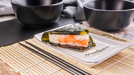 Onigiri with salmon. Japanese national cuisine. Stuffed Rice Balls