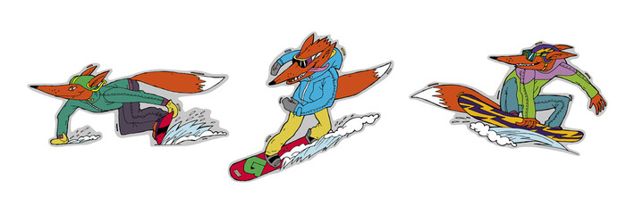 Three fox lovers of winter sports, snowboarding. Colored illustrations, stickers, can be used in advertising and sporting goods, as well as in souvenirs.