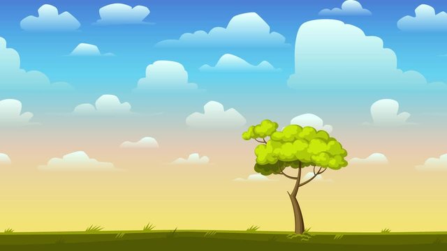 Two seamless looping landscape with bright daylight sky and yellow sunrise sky. Game scene animation