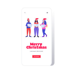 mix race people holding sheet books and giving performance merry christmas happy new year holidays celebration concept smartphone screen online mobile app full length vector illustration