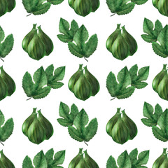 Watercolor seamless pattern with Fig leaves and fruits