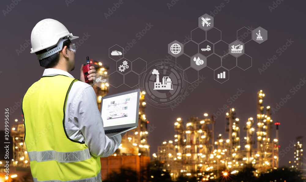 Wall mural engineer holding walkie talkie are working at refinery plant with icon connecting networking, concep - Wall murals