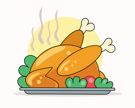 Roasted or baked turkey on a platter. Food for Thanksgiven day in cute cartoon vector for your design