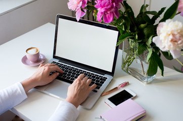 Female hands using laptop. Female office desk workspace homeoffice mock up with laptop, pink peony flowers bouquet, smartphone, pink accessories and pink cup of coffee.