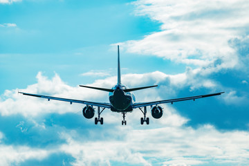 Landing of the passenger plane at sunset time.