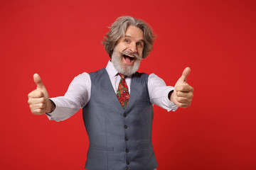 Cheerful elderly gray-haired mustache bearded man in classic shirt vest colorful tie posing...