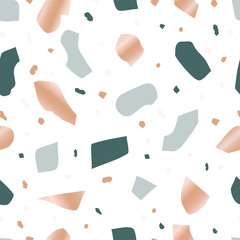 Abstract terrazzo seamless pattern with gold fragments on light background. Realistic marble texture with stone. Modern minimalist backdrop for floor and tile design. vector illustration