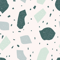 Abstract terrazzo seamless pattern on a light background. Realistic marble texture with stone fragments. Modern minimalist backdrop for floor and tile design. Trendy vector illustration