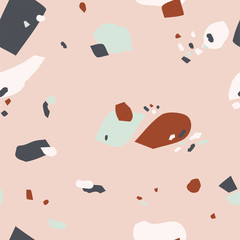 Abstract terrazzo seamless pattern on a light background. Realistic marble texture with stone fragments. Modern minimalist backdrop for floor and tile design. Trendy vector illustration