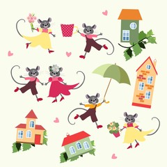 Cute mouses with flowers and houses. Illustration for cards and posters with symbol of 2020 year.