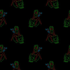 Skull and girl with the snake color neon seamless pattern