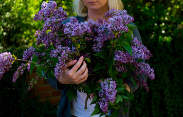 Obraz premium Blonde hair woman in dress posing with bouquet of lilac flowers over white background. Lilac flower in a female hands.