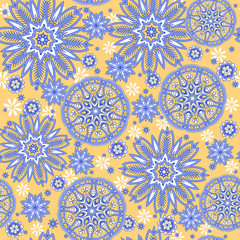 Seamless ornamental oriental pattern. Repeating geometric tiles with mandala. Vector laced decorative background with floral and geometric ornament. Indian or Arabic motive. Boho festival style
