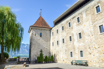 Fototapeta na wymiar Inner courtyard of the Gothic style Thun Castle in Thun, Switzerland. 12th-century castle is a Swiss heritage site of national significance. Tourist landmark. Historical architecture