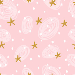 Vector Childish Abstract Light Pink Background with Hand Drawn Doodle Stars and Stains. Space Seamless Pattern for Kids Fashion, Holiday or Birthday