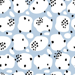 Vector Childish Abstract Light Blue Background with Black and White Stains. Hand Drawn Doodle Dots Seamless Pattern for Kids Fashion.