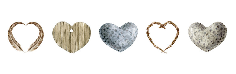 Heart shape and form natural materials watercolor illustration set. Feather, wood, stone, vine heart decorative nature shapes. Single Valentine's day elements isolated on white background.