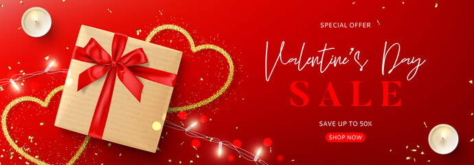 Fototapeta na wymiar Valentine's Day sale promo banner. Vector illustration with realistic gift box, candles, sparklink light garland, gold hearts and confetti on red background. Promo discount banner.